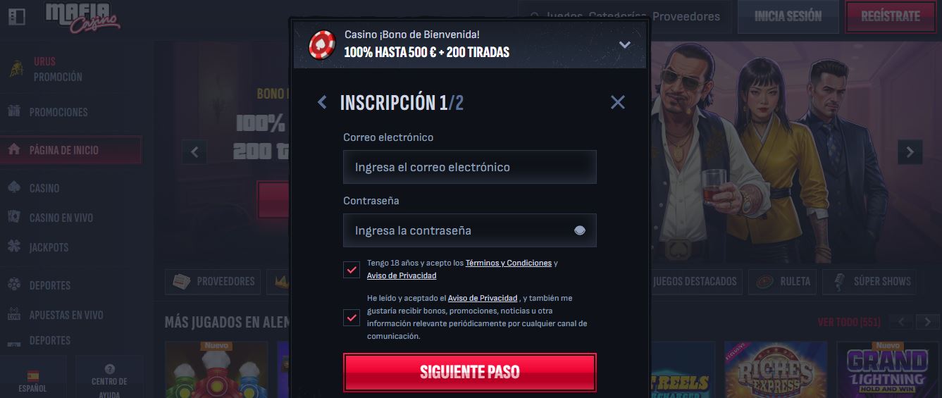 Regístrate en Mafia Casino introduciendo tu correo electrónico